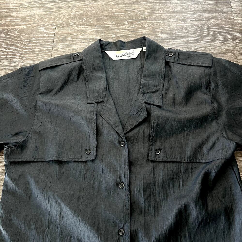 Vintage DVF Black Utility Blouse Size 10 Petite Button Down Top Y2K‎ Minimalist - Picture 13 of 16